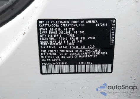 2019 Volkswagen Atlas 3.6L V6 Se from USA, damaged, VIN 1V2LR2CA8KC538612